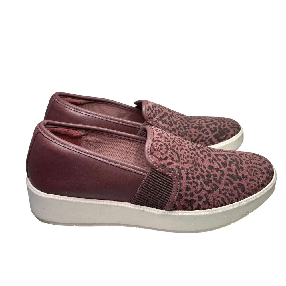 Clarks Collection Women's Slip On Wedge Burgundy Leopard Print Comfort 9.5
